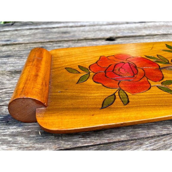 Vintage Wood Bread Serving Tray Carved Red Roses - Picture 6 of 13